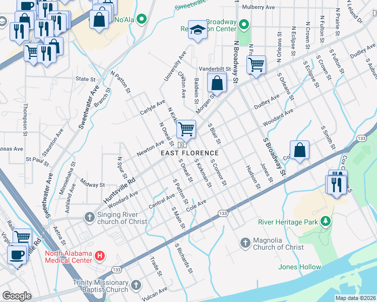 map of restaurants, bars, coffee shops, grocery stores, and more near 116 South Kirkman Street in Florence