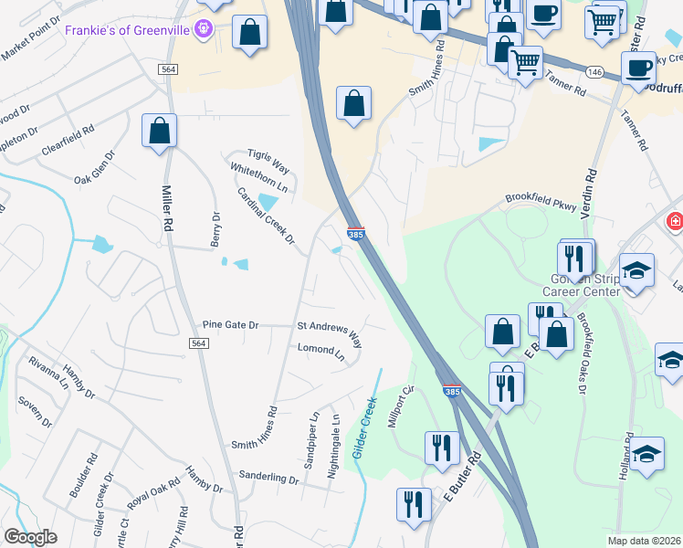 map of restaurants, bars, coffee shops, grocery stores, and more near 118 Awendaw Way in Greenville