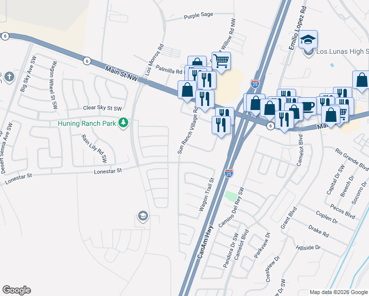 map of restaurants, bars, coffee shops, grocery stores, and more near 526 Sun Ranch Village Road in Los Lunas