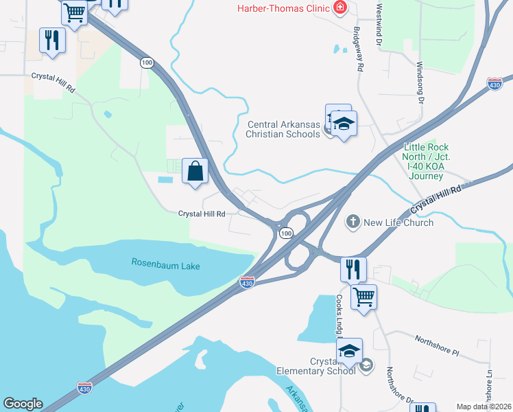 map of restaurants, bars, coffee shops, grocery stores, and more near 9003-9011 Crystal Hill Road in North Little Rock