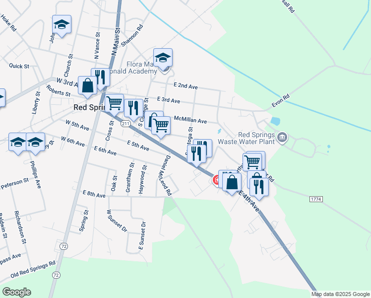 map of restaurants, bars, coffee shops, grocery stores, and more near 310 Saratoga Street in Red Springs