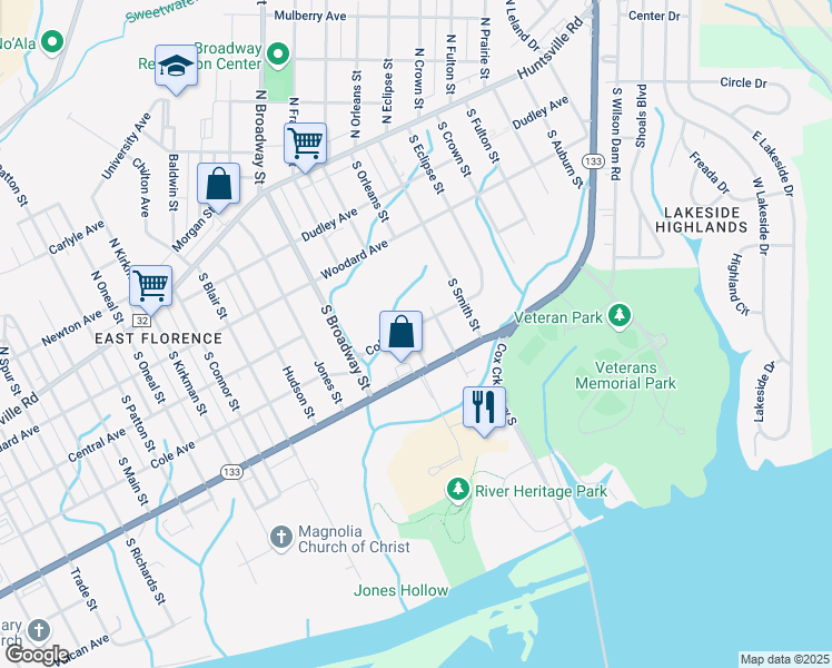 map of restaurants, bars, coffee shops, grocery stores, and more near 401 South Weakley Street in Florence