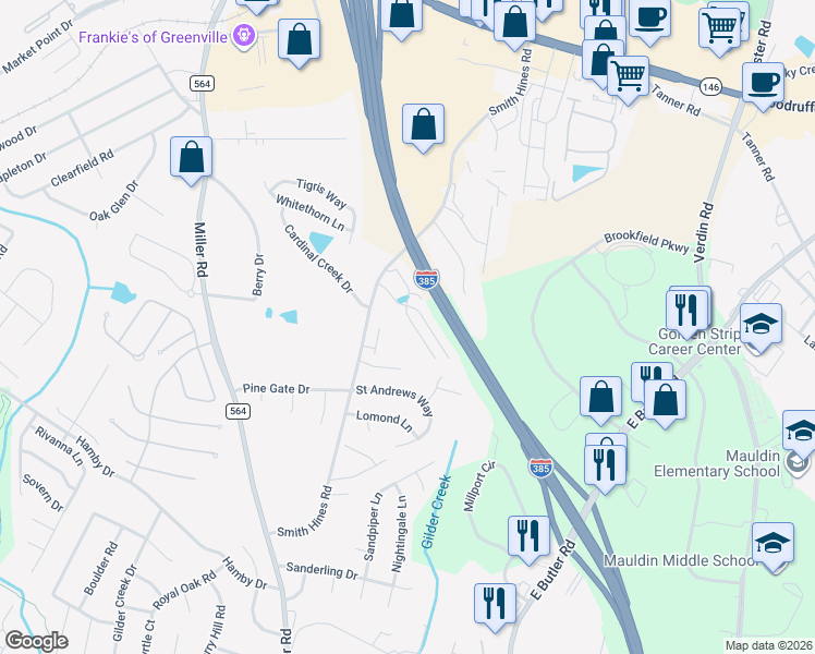 map of restaurants, bars, coffee shops, grocery stores, and more near 116 Awendaw Way in Greenville