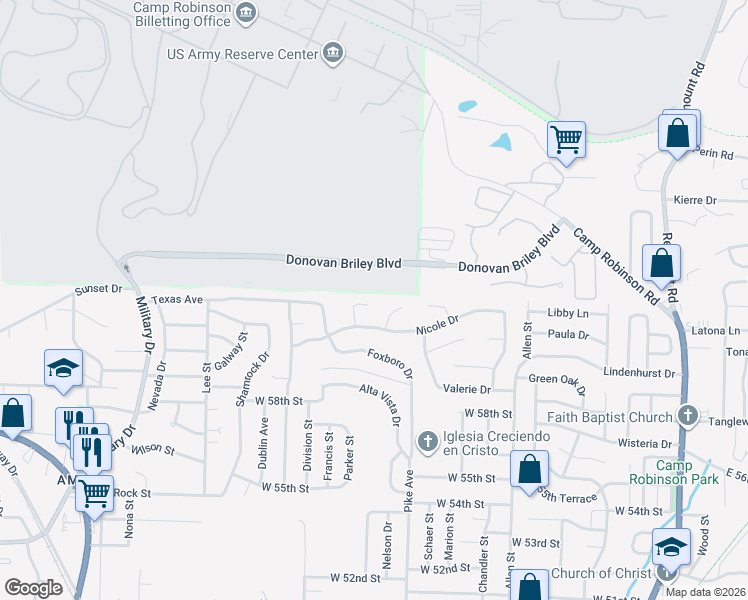 map of restaurants, bars, coffee shops, grocery stores, and more near 9 Foxboro Court in North Little Rock