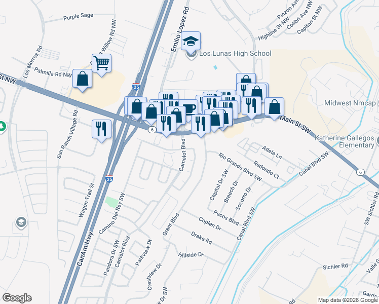 map of restaurants, bars, coffee shops, grocery stores, and more near 10 Camelot Boulevard in Los Lunas