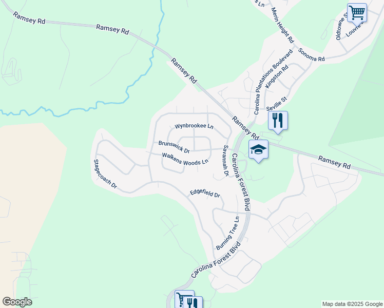 map of restaurants, bars, coffee shops, grocery stores, and more near 401 Brunswick Drive in Jacksonville