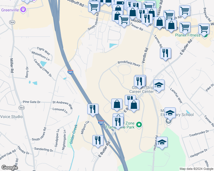 map of restaurants, bars, coffee shops, grocery stores, and more near 400 Brookfield Parkway in Greenville