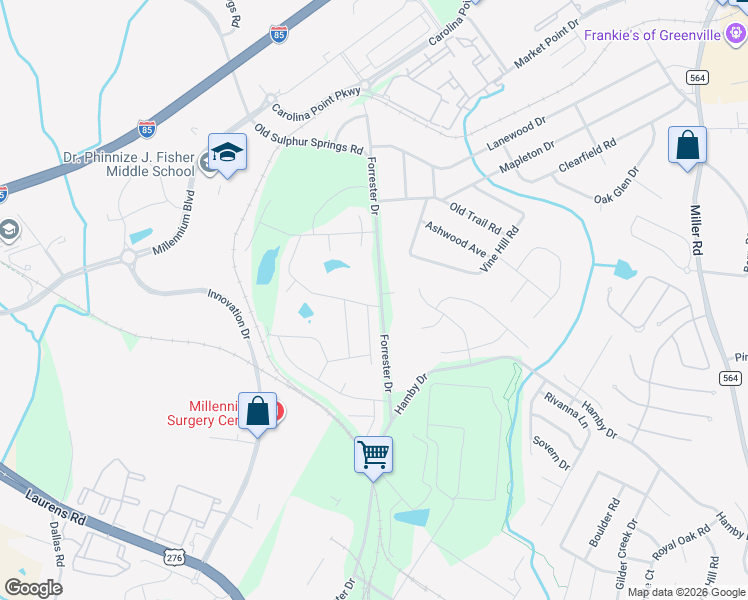 map of restaurants, bars, coffee shops, grocery stores, and more near 380 Forrester Drive in Greenville