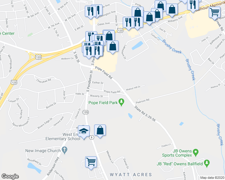map of restaurants, bars, coffee shops, grocery stores, and more near 305 Pope Field Road in Easley