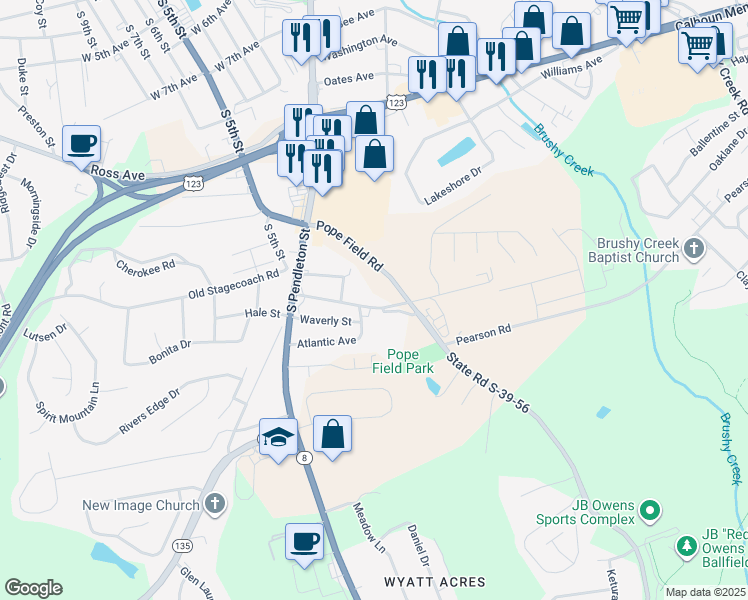 map of restaurants, bars, coffee shops, grocery stores, and more near 300 Pope Field Road in Easley
