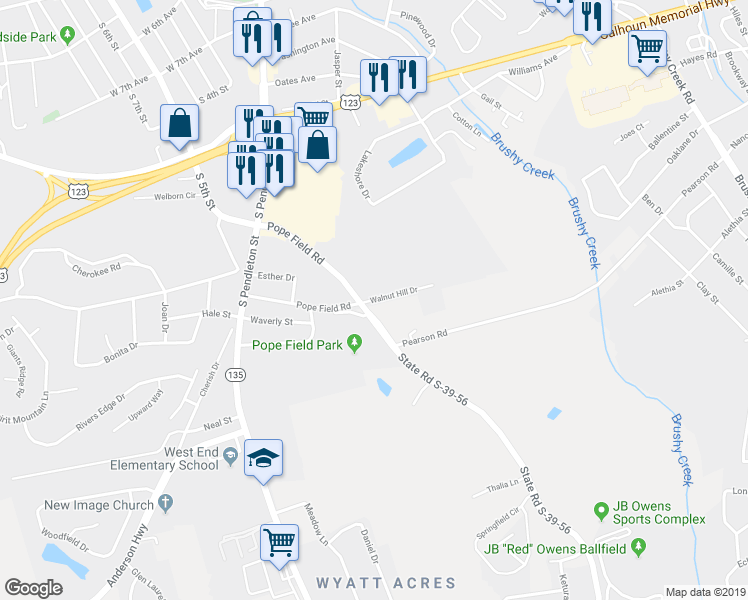 map of restaurants, bars, coffee shops, grocery stores, and more near 222 Walnut Hill Drive in Easley