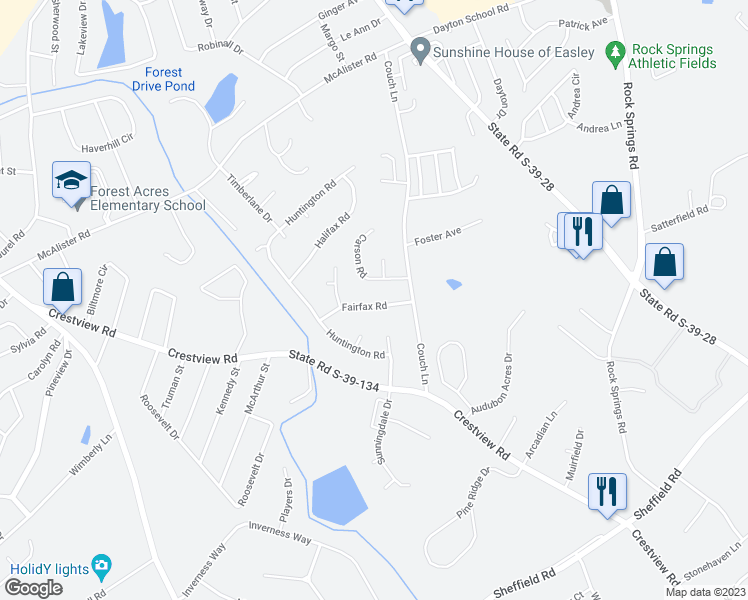 map of restaurants, bars, coffee shops, grocery stores, and more near 207 Fairfax Road in Easley