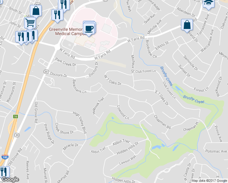 map of restaurants, bars, coffee shops, grocery stores, and more near 171 Chapman Road in Greenville