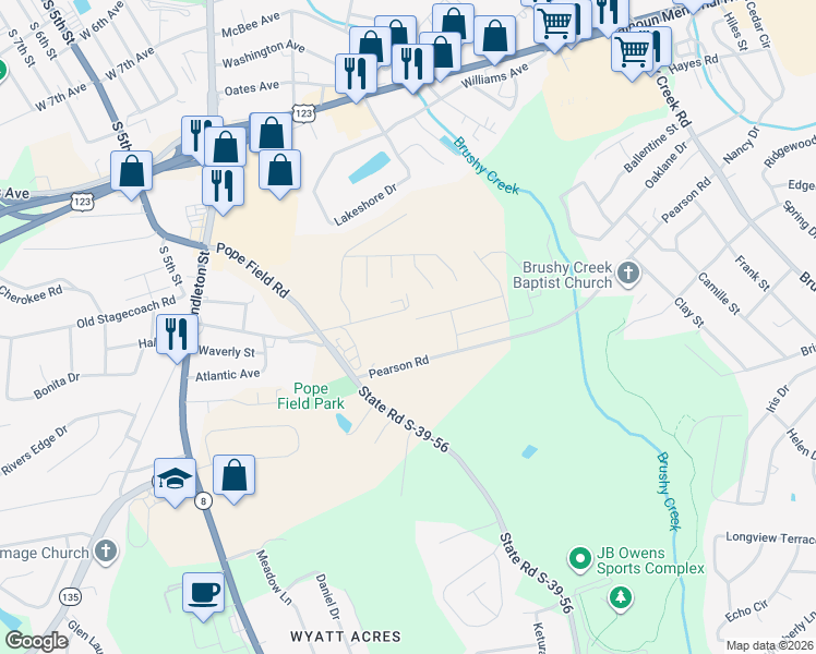 map of restaurants, bars, coffee shops, grocery stores, and more near 110 Pearson Terrace Drive in Easley