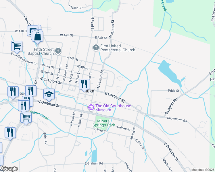 map of restaurants, bars, coffee shops, grocery stores, and more near 101-199 North Aberdeen Street in Iuka