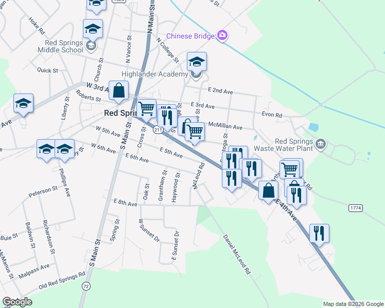 map of restaurants, bars, coffee shops, grocery stores, and more near 201-233 East 5th Avenue in Red Springs