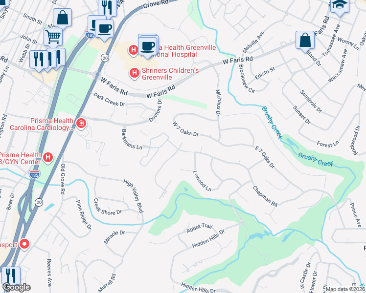 map of restaurants, bars, coffee shops, grocery stores, and more near 171 Chapman Road in Greenville