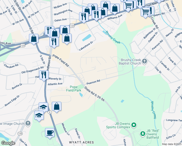 map of restaurants, bars, coffee shops, grocery stores, and more near 110 Pearson Terrace Drive in Easley