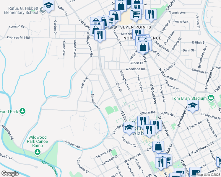 map of restaurants, bars, coffee shops, grocery stores, and more near 1000 North Pine Street in Florence
