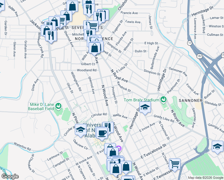map of restaurants, bars, coffee shops, grocery stores, and more near 821 Prospect Street in Florence