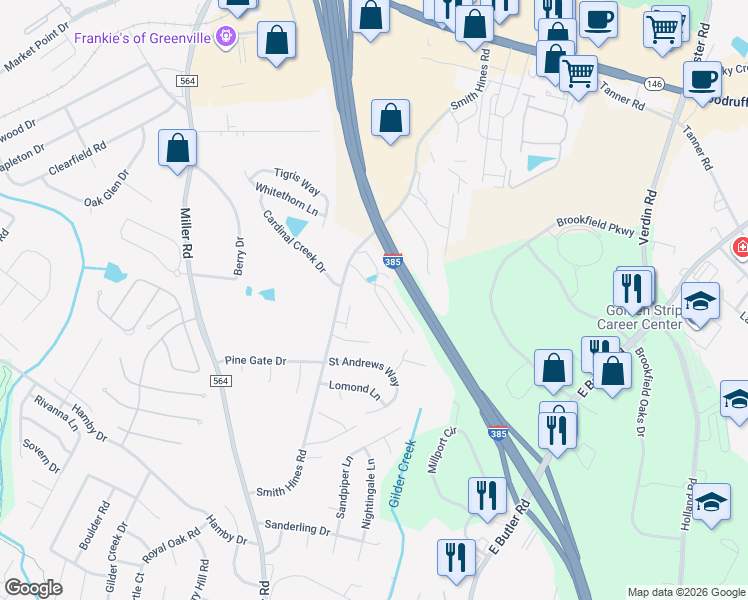 map of restaurants, bars, coffee shops, grocery stores, and more near 116 Awendaw Way in Greenville