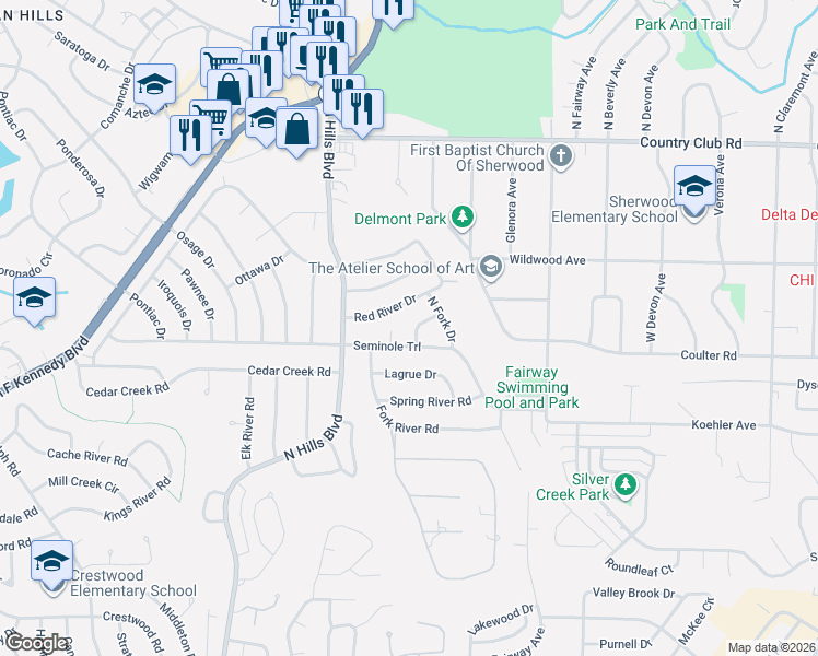 map of restaurants, bars, coffee shops, grocery stores, and more near 3006 Seminole Trail in Sherwood