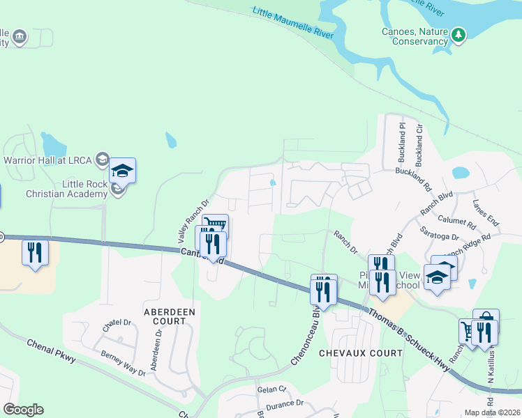 map of restaurants, bars, coffee shops, grocery stores, and more near 27 Valley Ranch Cove in Little Rock