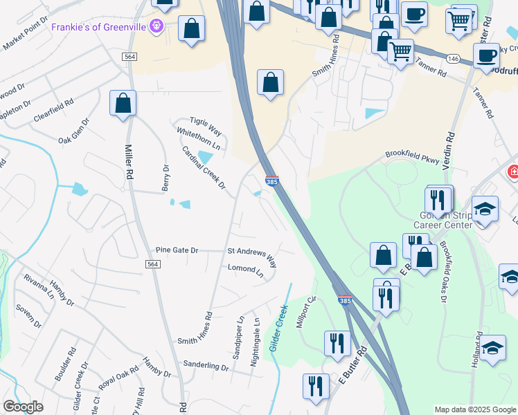 map of restaurants, bars, coffee shops, grocery stores, and more near 116 Awendaw Way in Greenville