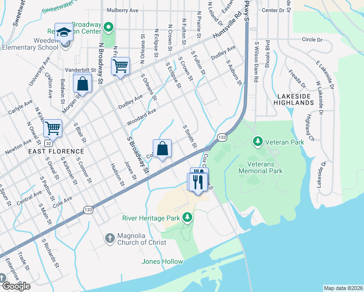 map of restaurants, bars, coffee shops, grocery stores, and more near 411 South Orleans Street in Florence