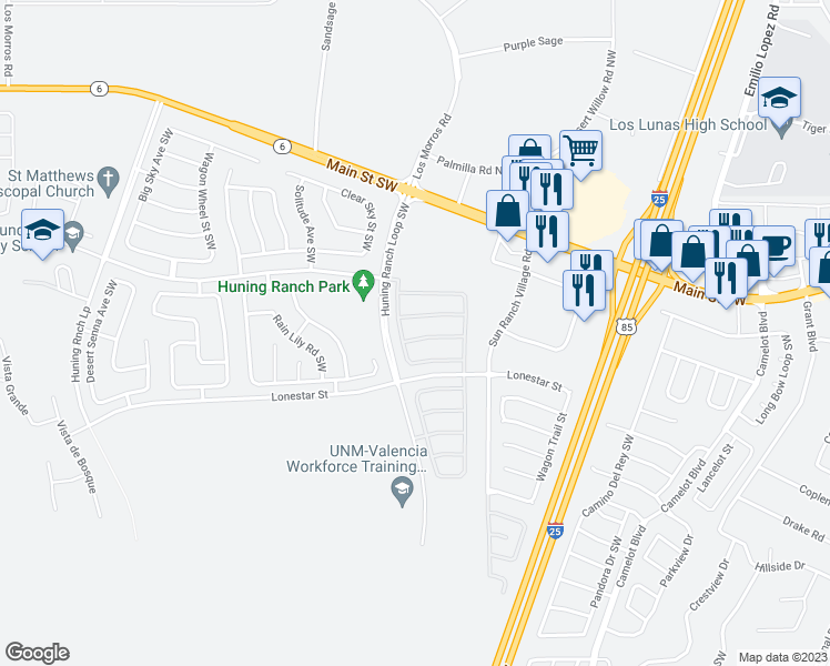 map of restaurants, bars, coffee shops, grocery stores, and more near 2680 Scarlet Sage Street Southwest in Los Lunas