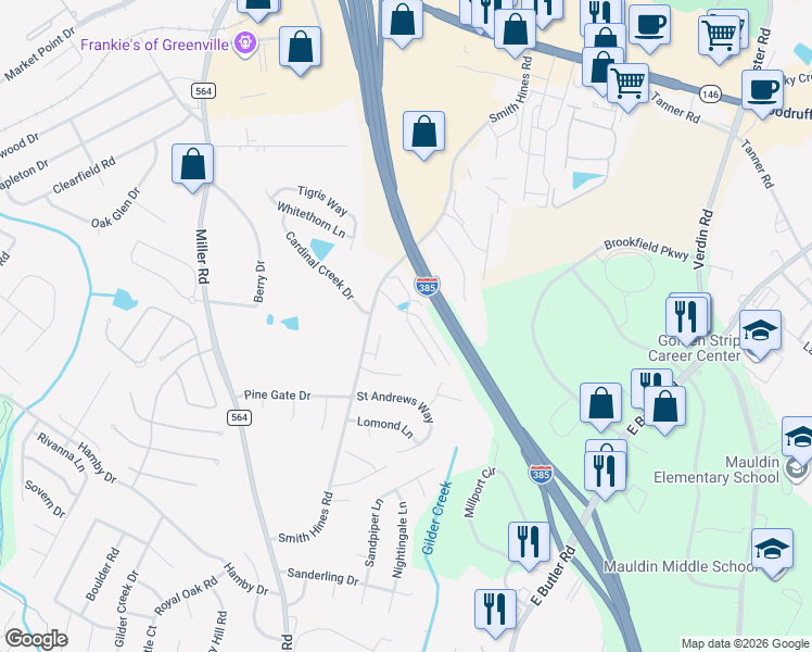 map of restaurants, bars, coffee shops, grocery stores, and more near 116 Awendaw Way in Greenville