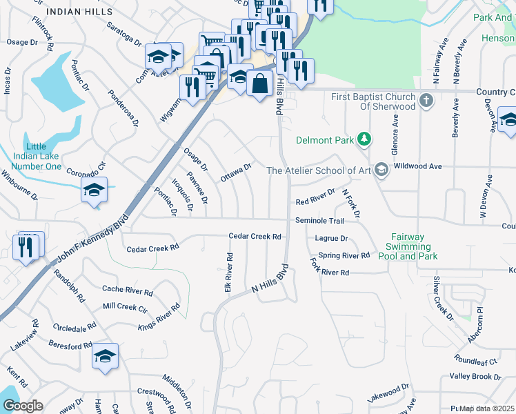 map of restaurants, bars, coffee shops, grocery stores, and more near 6200 Blackhawk Drive in North Little Rock