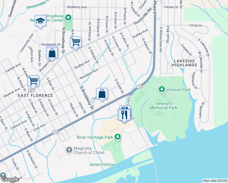 map of restaurants, bars, coffee shops, grocery stores, and more near 409 South Orleans Street in Florence