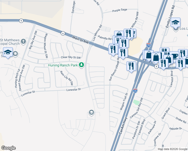 map of restaurants, bars, coffee shops, grocery stores, and more near 2691 Scarlet Sage Street Southwest in Los Lunas