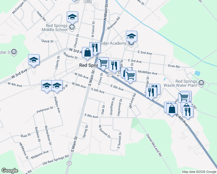 map of restaurants, bars, coffee shops, grocery stores, and more near 217 East 6th Avenue in Red Springs