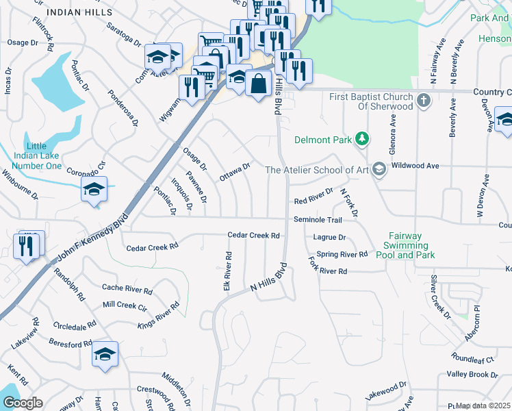 map of restaurants, bars, coffee shops, grocery stores, and more near 6200 Blackhawk Drive in North Little Rock