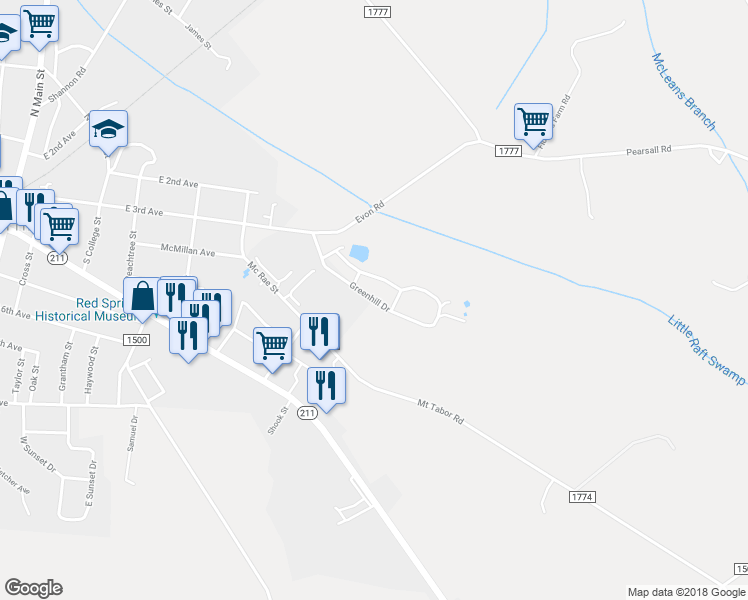 map of restaurants, bars, coffee shops, grocery stores, and more near 213 Greenhill Drive in Red Springs