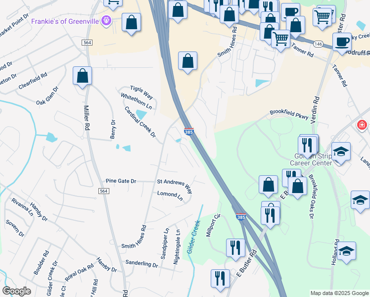 map of restaurants, bars, coffee shops, grocery stores, and more near 435 Christiane Way in Greenville