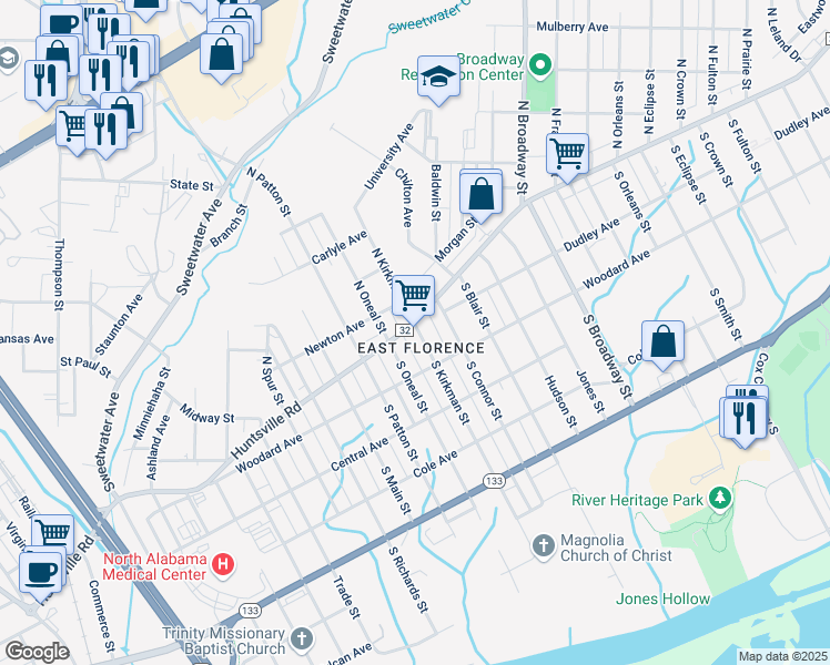 map of restaurants, bars, coffee shops, grocery stores, and more near 198 South Kirkman Street in Florence