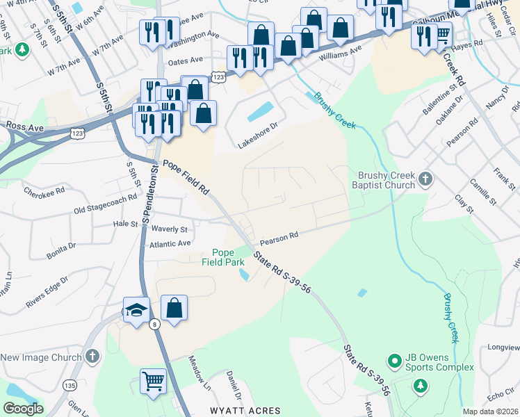 map of restaurants, bars, coffee shops, grocery stores, and more near 401 Pope Field Road in Easley