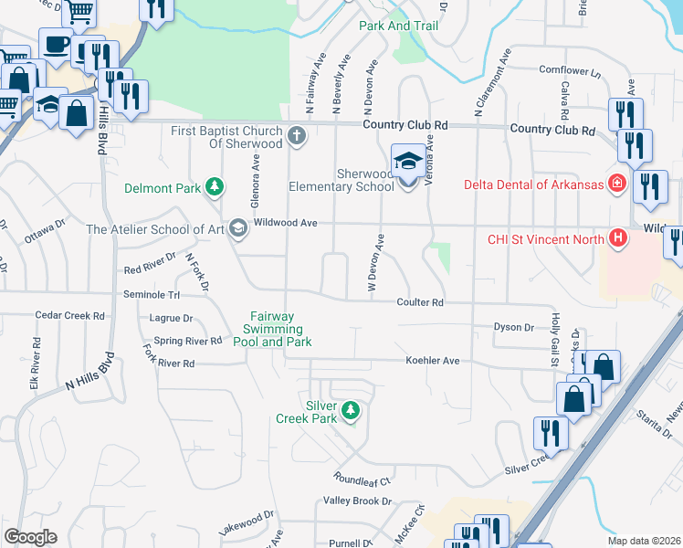 map of restaurants, bars, coffee shops, grocery stores, and more near 608 East Beverly Avenue in Sherwood