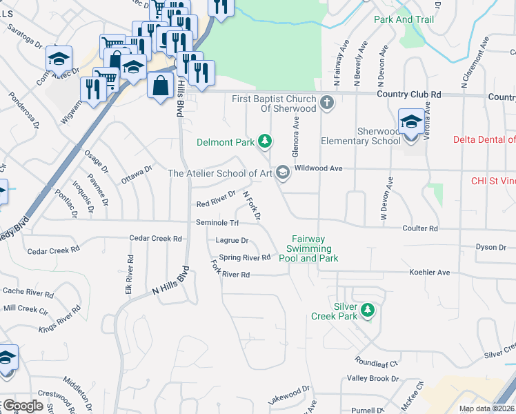 map of restaurants, bars, coffee shops, grocery stores, and more near 3104 Seminole Trail in Sherwood