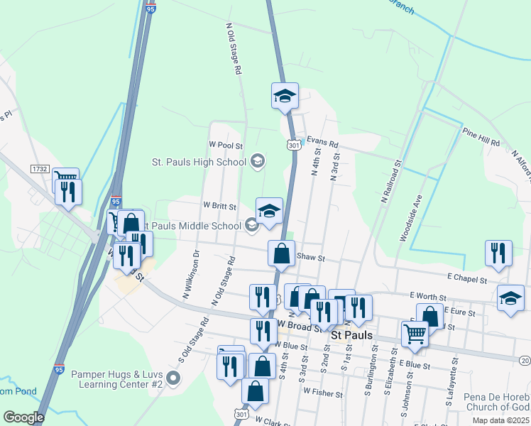 map of restaurants, bars, coffee shops, grocery stores, and more near 648 North Old Stage Road in Saint Pauls