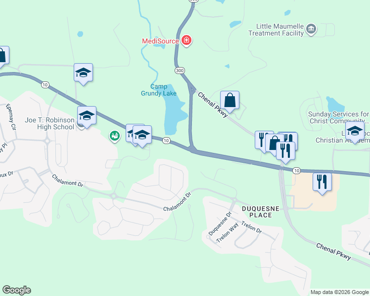 map of restaurants, bars, coffee shops, grocery stores, and more near Highway 10 in Little Rock