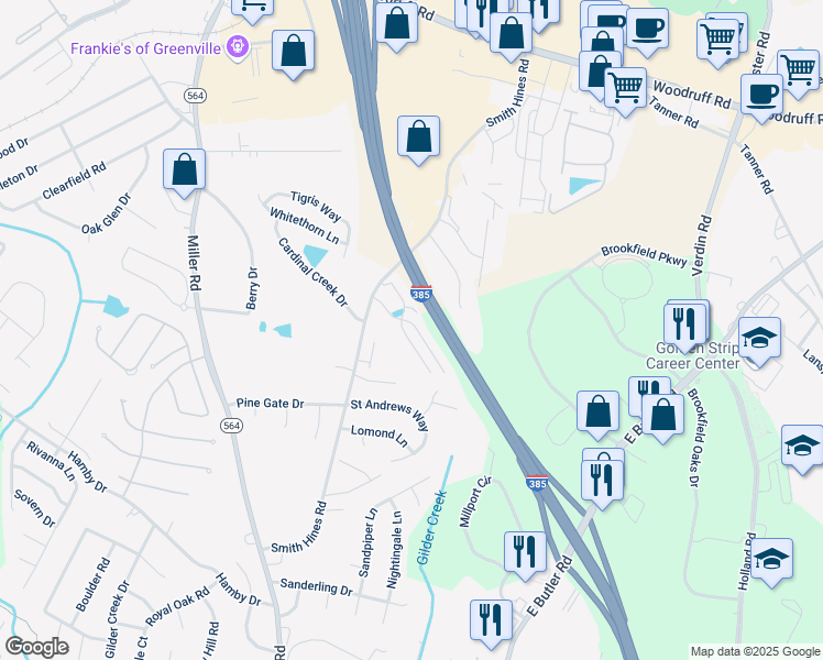 map of restaurants, bars, coffee shops, grocery stores, and more near 406 Christiane Way in Greenville