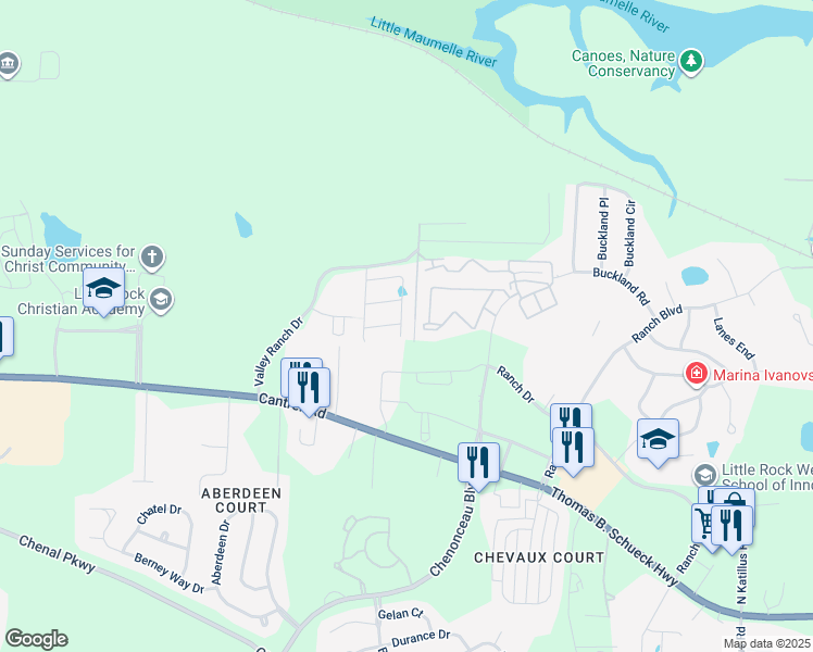 map of restaurants, bars, coffee shops, grocery stores, and more near 134 Valley Ranch Way in Little Rock