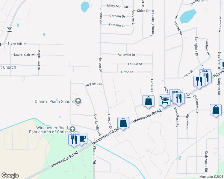 map of restaurants, bars, coffee shops, grocery stores, and more near 121 Henson Drive in Huntsville