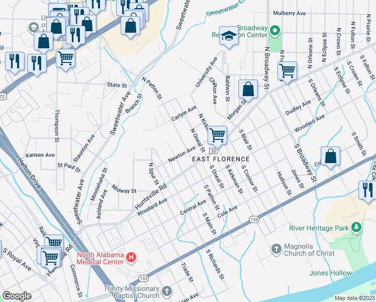 map of restaurants, bars, coffee shops, grocery stores, and more near 200 North Patton Street in Florence