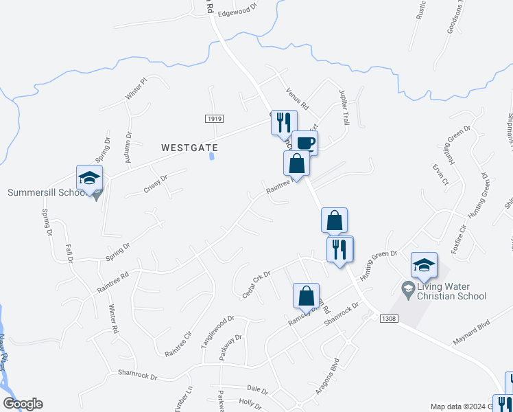 map of restaurants, bars, coffee shops, grocery stores, and more near 233 Raintree Road in Jacksonville