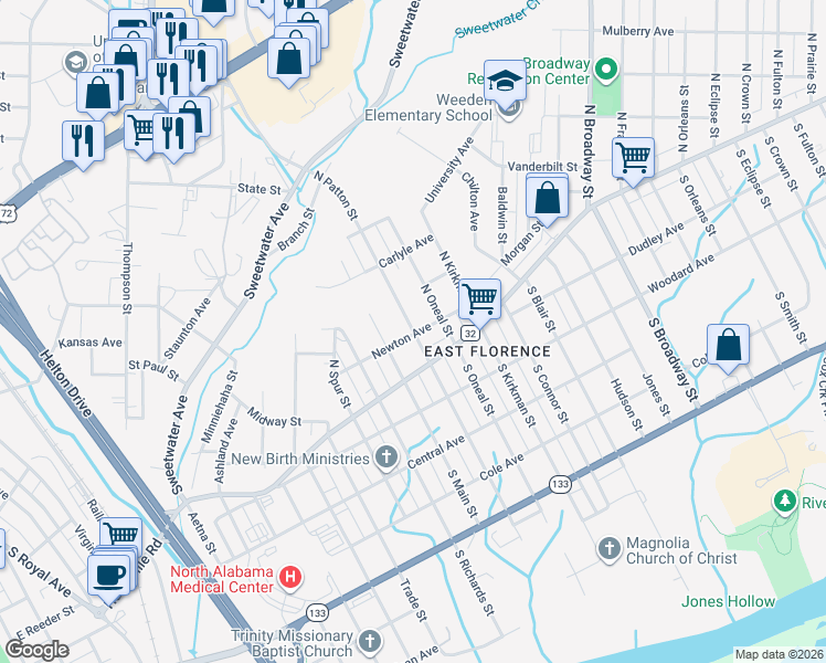 map of restaurants, bars, coffee shops, grocery stores, and more near 114 North Main Street in Florence